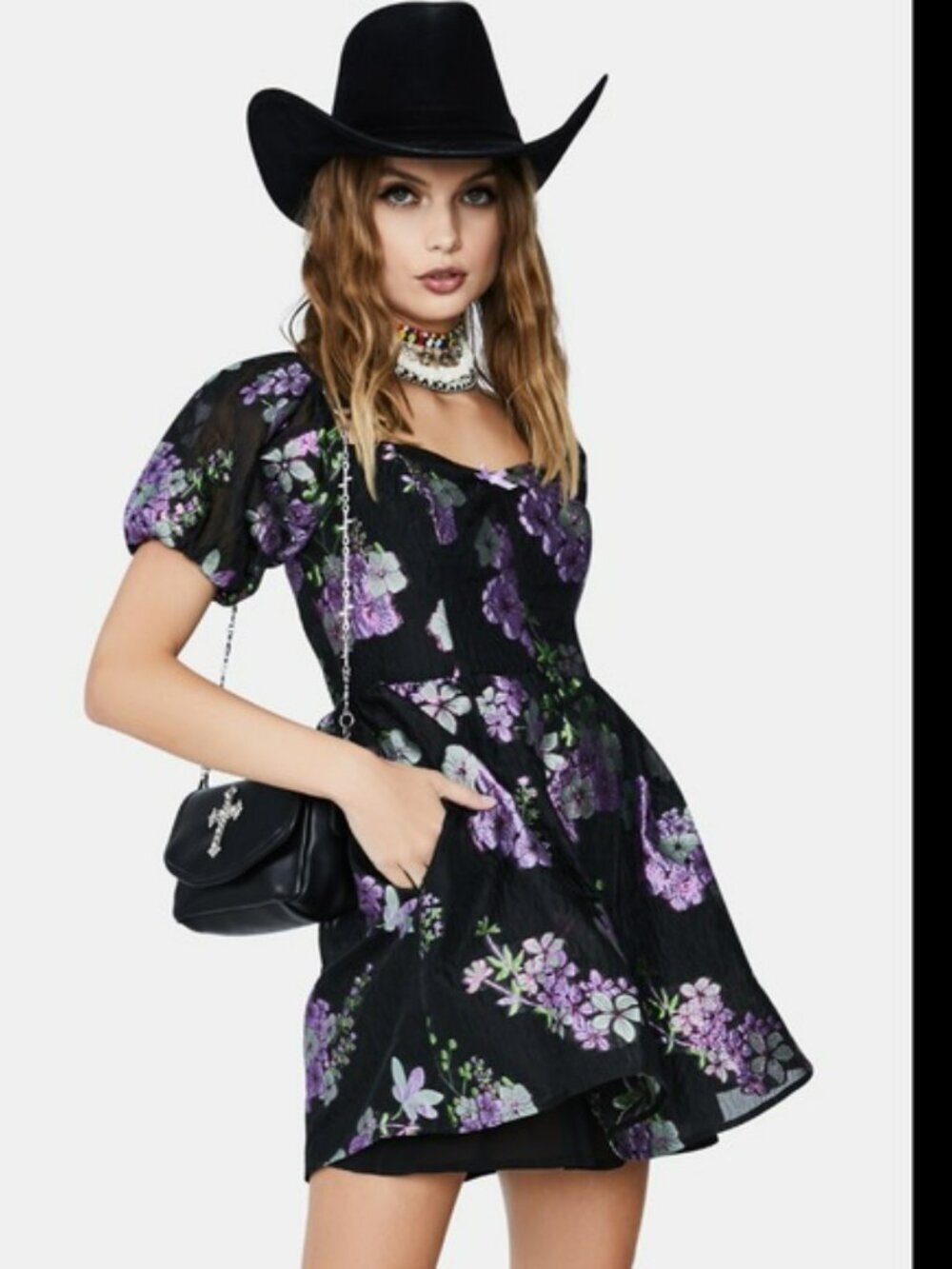 For Love & Lemons Puff Sleeve Floral Mini Dress Black Purple NWT Large - Picture 8 of 8